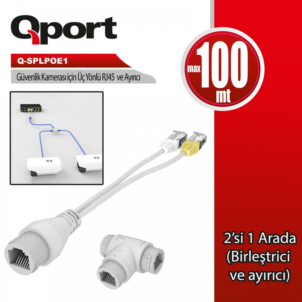 Q-PORT POE SPLITTER 2 in 1 Ağ Konnektörü + 3 Yollu RJ45 Konnektörü (Q-SPLPOE1)